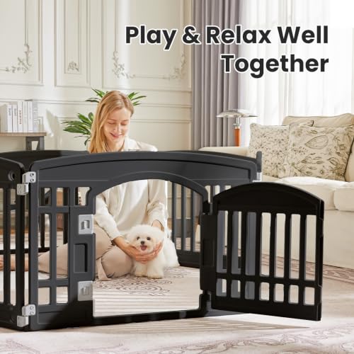 Image of Sweetcrispy Dog Playpen, Plastic Puppy Pet Fence, 8 Panels 24 Inch | Expandable Durable Plastic Build, Indoor Outdoor Portable, Secure Locking Door, Small Medium Size Dog, Black