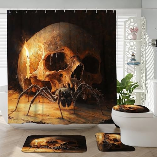 4 tende da doccia horror ragno per Halloween, 182 x 182 cm, con ganci, set di accessori da bagno con tappetino da bagno, tappetino per copriwater a forma di U, decorazione gotica spaventosa in