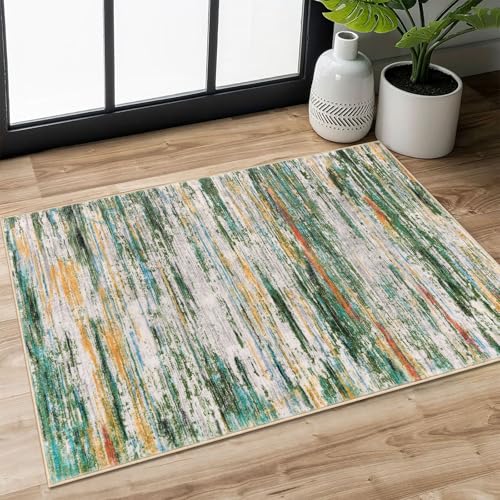2x3 Green Teal Orange Multi Modern Abstract Rug for Entryway, Super Soft Small Washable Area Rug, Non-Slip Kitchen Rugs, Low-Pile Mat for Bedside, Foyer, Indoor Door Mat