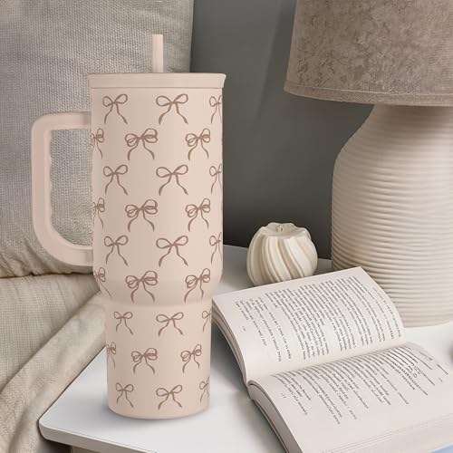 Image of SANDJEST Bow Tumbler with Handle and Straw 40oz - Stainless Sleel Slider Tumbler Travel Coffee Mug for Women - Gift Idea for Birthday Christmas