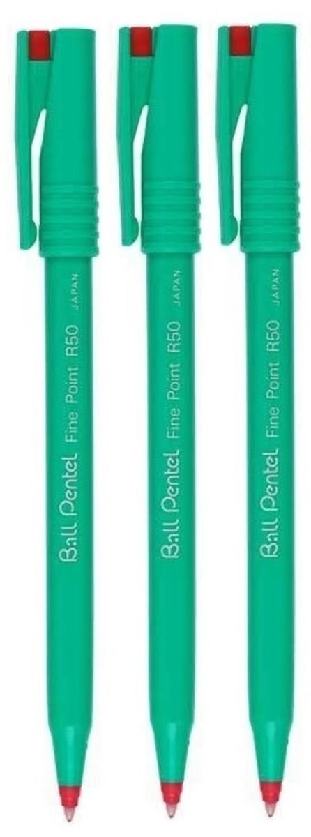 Pentel Red R50 Rollerball Ball Pen Pens Fine 0.8mm Cushioned Nib Tip 0.4mm Line Width 77% Recycled (Pack Of 3)