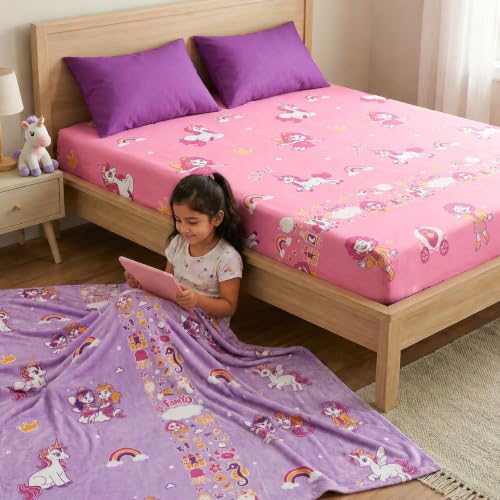 Image of Famyo Glow in The Dark Blanket & Fitted Bedsheet Combo for Kids | 0-15 Years, 200x152 cm Queen Size, Soft Flannel Fleece Throw, Soft 300 TC Cotton Bedsheets, Cozy & Warm All-Season Radium