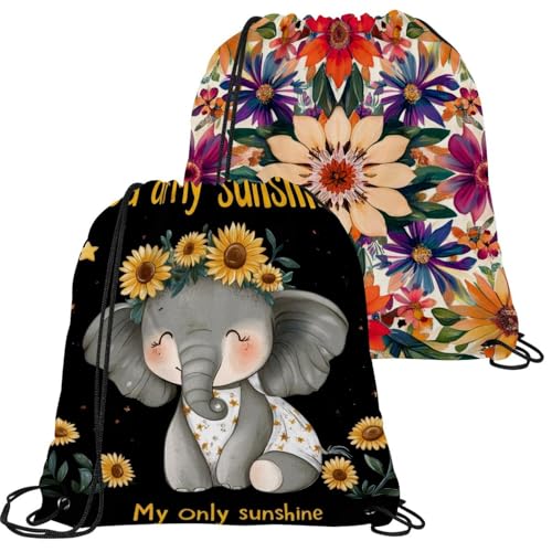 Sac à cordon pour bébé : lot de 2 sacs étanches et pliables motif tournesol et éléphant