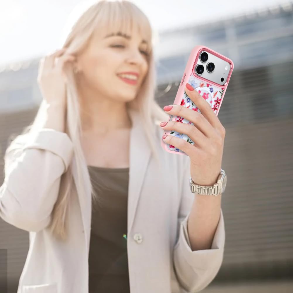 AIGOMARA Clear Case for iPhone 17 Pro [Compatible with MagSafe] Cute Bling Glitter Pink Blue Floral Pattern Soft TPU Bumper Hard PC Back Shockproof Protective Slim Magnetic Cover - Pink