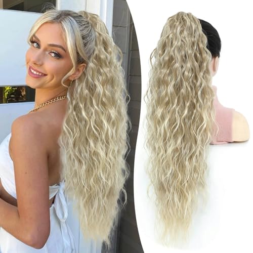 Flyroseing Ponytail Extension, Curly Wavy Hair Extensions, 30inch Long Synthetic Claw Clip in Ponytail Hair Extensions, Hairpieces for Daily Party Use Blonde with Bleach Blonde Highlights