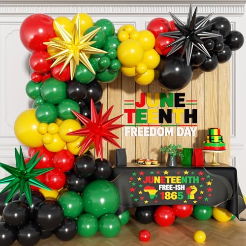 HKYOOD 148Pcs Juneteenth Balloon Garland Arch Kit - Red Black Dark Green Yellow Different Size Balloons for Africa American Independence Freedom Day Theme Black History Month Decorations Ribbon