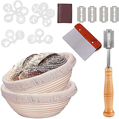 10 Inch Round Bread Banneton Proofing Basket Set Of 2, Bread Baking Kit Sourdough Proofing Basket For Artisanal Bread, Linen Liner Cloth, Dough Scraper, Bread Making Tools For Professional Home Bakers #TOP14