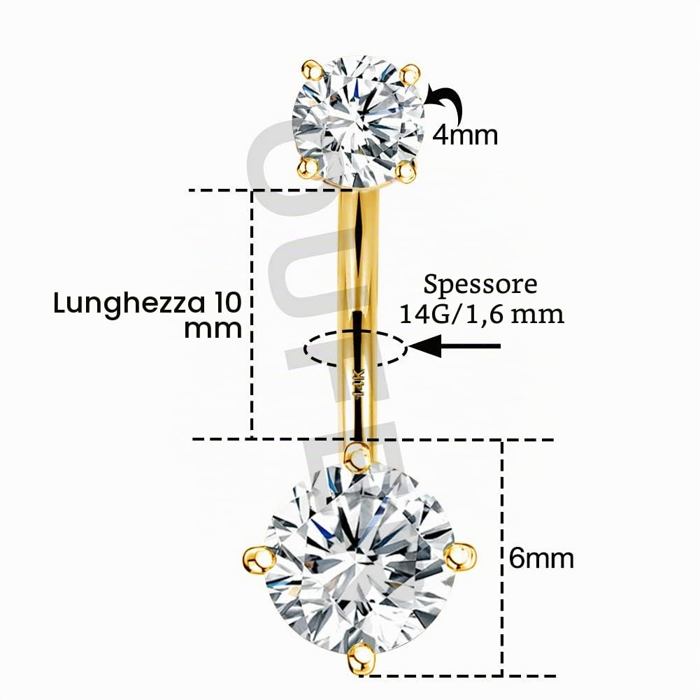OUER - Piercing per Ombelico in Oro Massiccio 14 G 14 K, con Zirconia cubica Trasparente, Zirconia cubica Belly Piercings Navel Piercing Gioielli per Ombelico