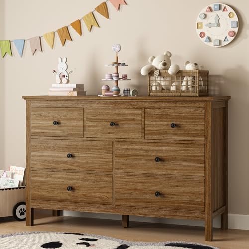 Image of LYNSOM Dresser for Bedroom with 7 Drawers, Natural Chest of Drawer with Black Handles, Wood Storage Dresser TV Stand Dressers for Closet, Living Room, Kids Room, Entryway, Oak