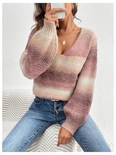 Image of GORGLITTER Women's Oversized Rainbow Colorful Sweater Cute Chunky Long Sleeve Fall Striped Knit Tops 2025 Dusty Purple Medium