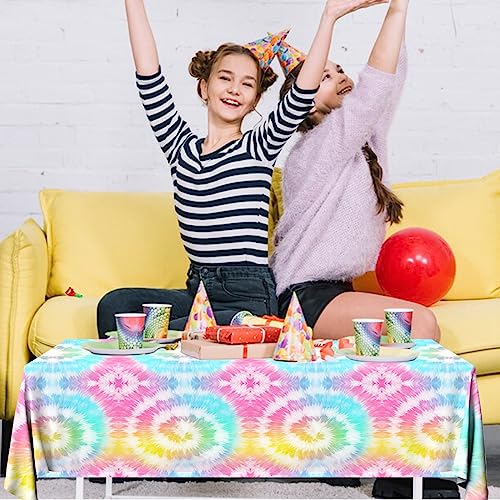 Image of CMUSKO Tie Dye Tablecloth, 3Pcs Tie Dye Birthday Party Decorations Plastic Table Cloths Rectangle Rainbow Table Cover for Colorful Birthday Baby Shower Picnic Dining Party Decor, 108x180cm