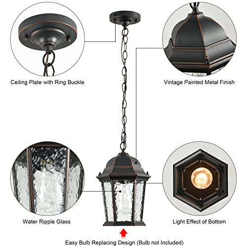Haopent Outdoor Pendant Lights 7.5’’ Farmhouse Exterior Hanging Porch Light Waterproof Vintage Outdoor Lantern Pendant Lighting Height Adjustable With Glass Black And Copper For Porch Entryway Patio #TOP5
