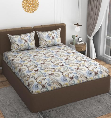 Image of VOMZER Premium 320 TC Fitted Bed Sheet with Full Elastic - Deep Pocket Design - Wrinkle Resistant Fitted Bedsheet Double King 72x78 Cream Traingle