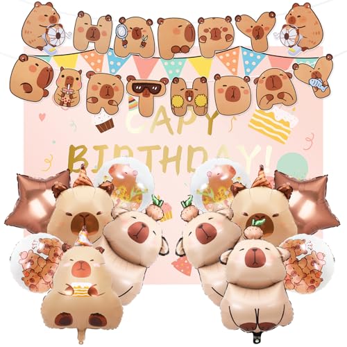 14 Pcs Birthday Decorations,1 Capy Birthday Backdrop with 12 Balloons,1 Party Decoration Banner, Themed Party Supplies for Man, Woman, Party Favors(Brown) ﻿
