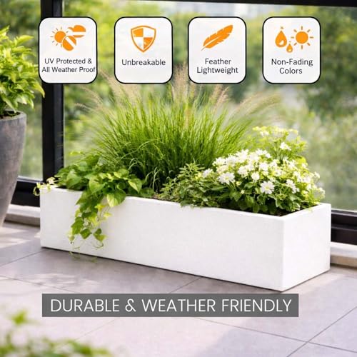 Image of Go Hooked Recta R White Planter Pot (21x8 Inch) | Big Size Outdoor & Indoor Pot for Plants | Modern Design Lightweight & Durable Rectangle Rectangle Polymer Flower Pot for Balcony, Terrace & Garden