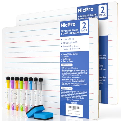 Nicpro Paquete de 2 pizarras blancas A3, 30 x 42 cm, doble cara, en blanco y rayado, a granel, con 8 bolígrafos a base de agua, pizarra blanca pequeña, portátil, escritura para niños, estudiantes y