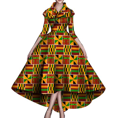Image of African Dresses for Women A-line Floor-Length Dress Traditional Ankara Kente Print Evening Dress