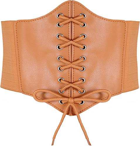 Hoerev - Ceinture corset à lacets pour femme, taille XS à XXXL, 20 couleurs ou ensembles différents, Marron/jaune avec bouton, Small Cover