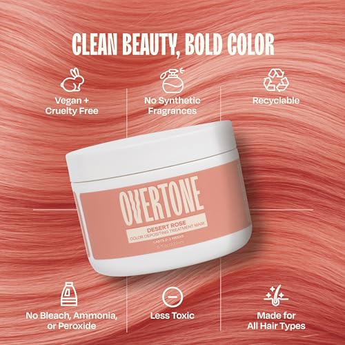 Image of OVERTONE Color Depositing Treatment Hair Mask, Desert Rose, 8 oz | Semi Permenant & Nourishing Coloring Conditioner for All Hair Types, Contains Shea Butter & Coconut Oil, Vegan & Cruelty-Free