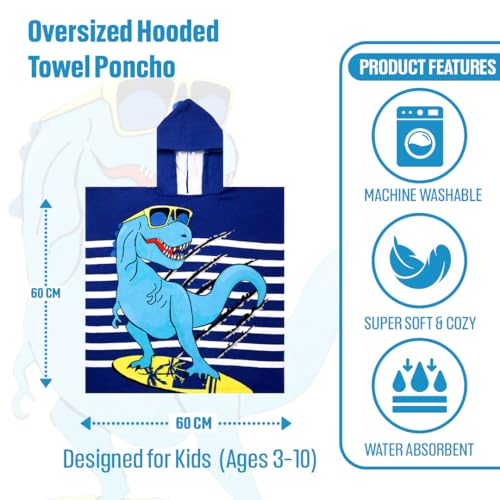 Image of TONY STARK Poncho Towel for Kids, Beach Towel with Hoodie, 60x60cm Travel Towel for 1-7 Years Girls and Boys, Soft Microfiber Sleeved Poncho (Dino Surfer)
