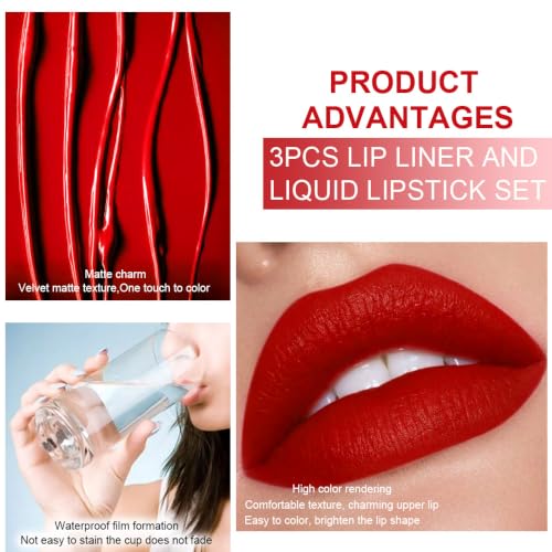 Image of evpct 3Pcs Ruby Bright Dark Deep Red Lip Stain Lipstick with Lip Liner, Burgundy Red Matte Lip Liner and Liquid Lipstick Set for Women Long Lasting Waterproof 24, 24 Hours Lip Sitck Paint