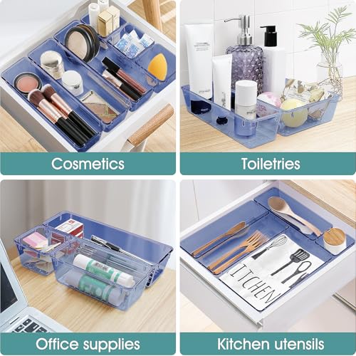 Image of WOWBOX 25 PCS Plastic Drawer Organizer Set, 4 Sizes Desk Drawer Divider Organizers and Storage Bins for Makeup, Jewelry, Gadgets for Kitchen, Bedroom, Bathroom, Office, Clear Dark Blue