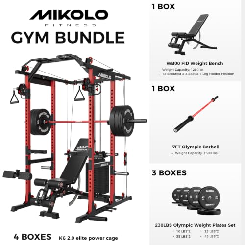 Image of Mikolo K6 2.0 Power Cage, Power Rack with Cable Crossover System, 2000LBS Squat Rack with LAT Pull Down System, Functional Trainer with Aluminum Pulley System for Home Gym