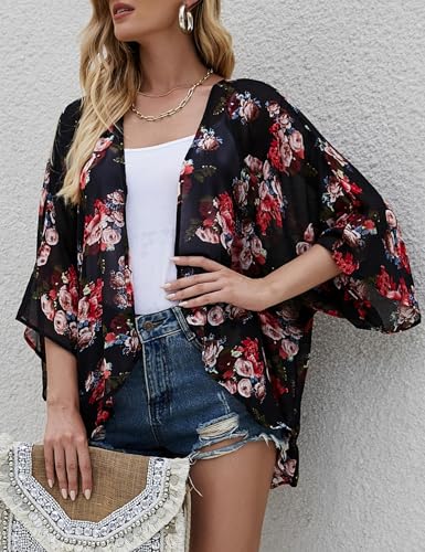 Image of Chunoy Women Floral Beach Wear Cover Up Chiffon Kimono Cardigan Open Front Blouse Top