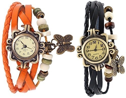 Pappi-Haunt Set of 2 Vintage Leather Black & Orange Butterfly Bracelet Casual Analog Watch for Girls, Women - Combo Offer (B01F1C7E9G) Amazon Price History, Amazon Price Tracker