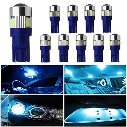 HOCOLO 10x T10 198 194 168 912 921 W5W 2825 Ice Blue Color 8000K High Power LED Bulbs For Interior Dome/Map/License Plate/Parking/Door/Trunk Lights (10pcs T10 6-SMD, Ice Blue)