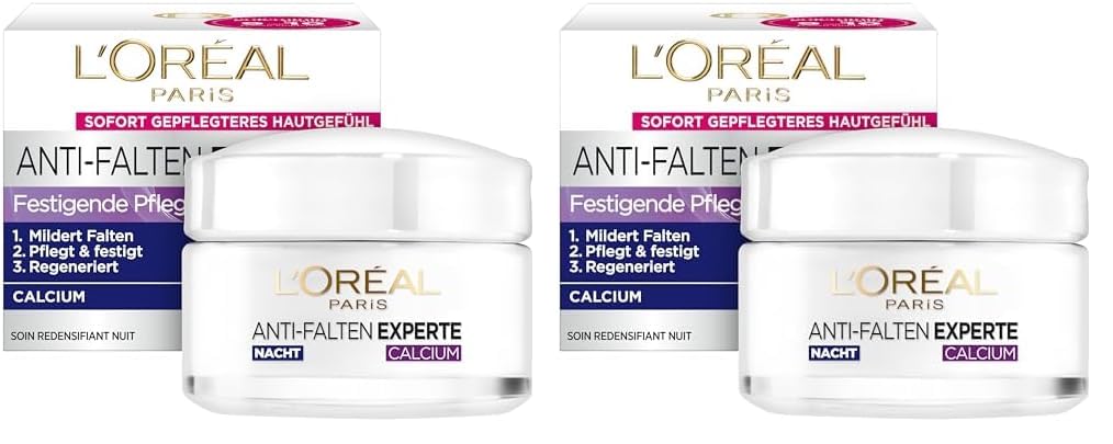 L'Oréal Paris Nachtpflege für das Gesicht, Feuchtigkeitspendende Anti-Aging Nachtcreme mit Calcium zur Minderung von Falten, Anti-Falten Experte 55+, 1 x 50 ml (Packung mit 2)