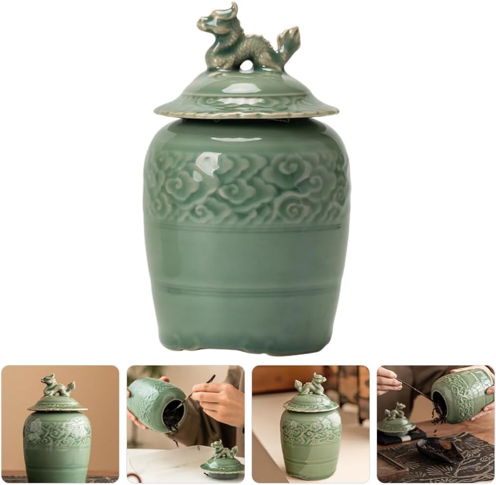 Cabilock Ceramic Tea Canister with Lid Vintage Chinese Style Ginger Jar Porcelain Temple Jar Decorative Flower Vase Food Storage Jar for Tea Coffee Spices Condiment