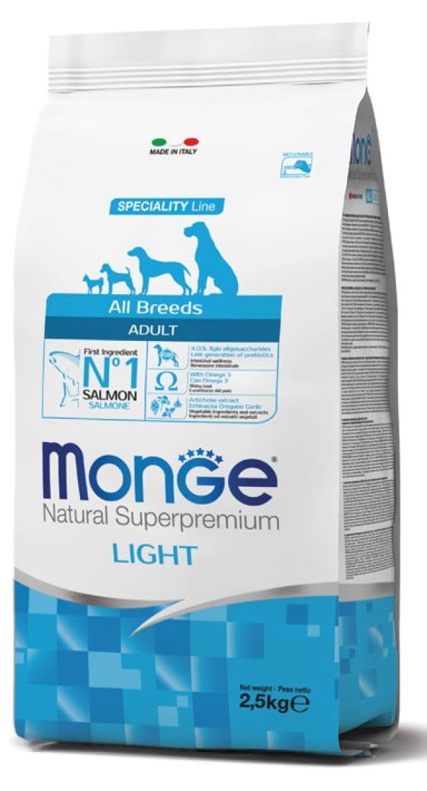 Monge LIGHT ADULT SALMON AND RICE, cibo per cani per tutte le razze (cibo secco per cani con salmone e riso, cibo secco per cani a ridotto fabbisogno energetico, contenuto: 12 kg)
