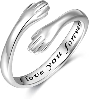 S925 Sterling Silver Hug Ring, Adjustable Silver Embrace Open Ring, I Love You Forever' Promise rings Romantic Thumb Ring for women Men Girls