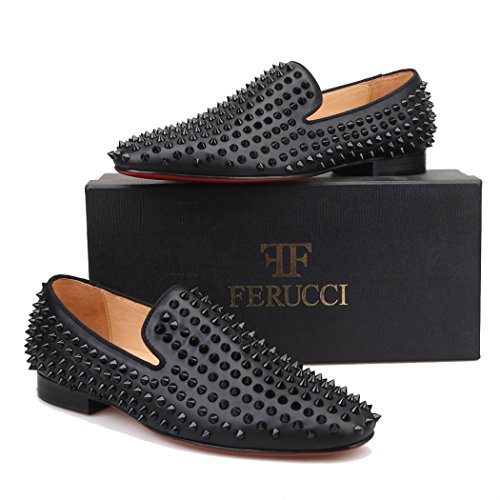 FERUCCI Men Black Leather Slippers Loafers Flat with Black Spikes2