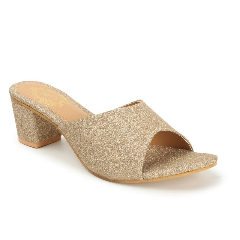 Image of DIPYO Women's Stylish Golden Block Heel Slip-On Open-Toe Sandals Comfortable & Fashionable For Wedding & Party