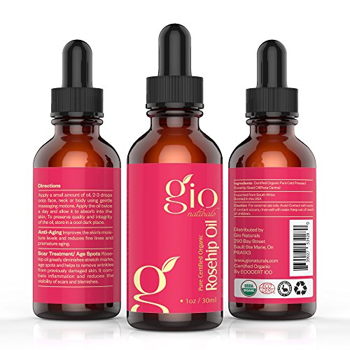 Best Organic Rosehip Oil for Face, Dry Skin, Hair & Stretch Marks - Gio Naturals Premium Grade is Pure Unrefined & Cold Pressed -Works Best On Eliminating Dark Spots, Wrinkles, Fine Lines & More!