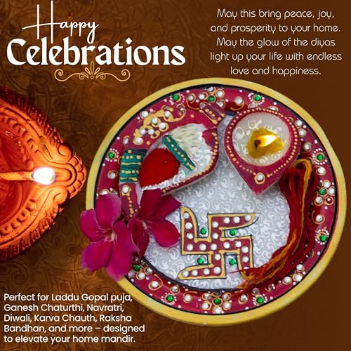 Marble Pooja Thali with Meenakari Work – 6 Inch Decorative Thali, Diya, Roli-Chandan Holder, Kalawa Set for Mandir Aarti, Grih Pravesh, Diwali & Festival Gift (6inch) — photo — 2 of 9