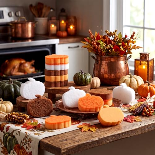 Image of Tioncy 12 Pack Pumpkin Kitchen Sponges Bulk Dual Sided Scrubber Brown Orange White Pumpkin Sponges Reuseble Non Scratch Dishwashing Kitchen Cleaning Accessories for Pot Boiler Pan Household