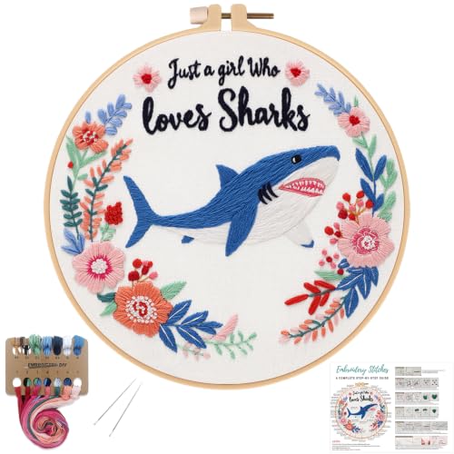 Image of Louise Maelys Cartoon Shark Embroidery Kit for Beginners, DIY Stitching