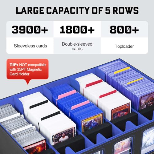 Image of ZLCA Trading Card Storage Box 5-Row with Handle, MTG Storage Box Holds 3900+ Cards with Commander Display, Top Loaders Organizer Case for TCG PTCG Sport Card(Black&Blue)