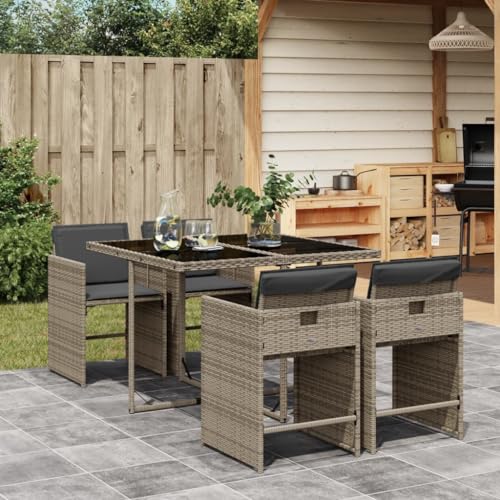 Image of 5-Piece Patio Dining Set with 4 Grey Chairs, Tempered Glass Tabletop, and Removable Cushions for Outdoor Relaxation and Entertaining, Foldable Stackable Furniture