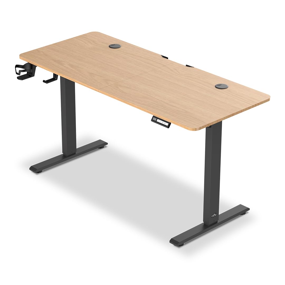 Offy Ryva Escritorio Elevable Eléctrico - Altura Ajustable, Memoria de Posiciones, Soporte para Auriculares y Vaso, Pasacables, 140x60 cm, Roble