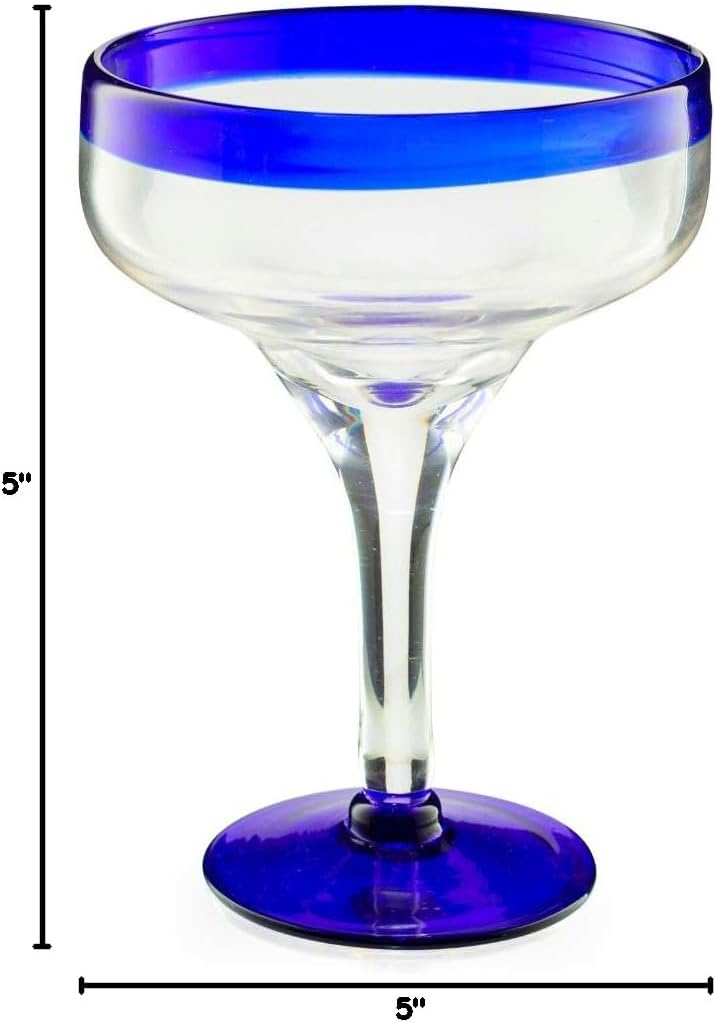 Mexican Hand Blown Glass – Set of 4 Large 16oz, Cobalt Blue Rim Line, Luxury Margarita & Cocktail Glasses, Mexico Design Large 16oz Cobalt Cinco de Mayo - The Wine Savant, Dishwasher Safe Glassware
