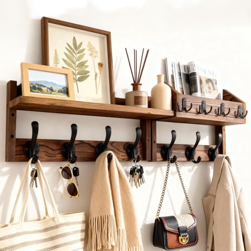 GUDGI 27" Wooden Wall Mounted Coat Rack with Shelf- 4-in-1 Entryway Organizer with 11 Hooks (7 Coat Hooks + 4 Key Hooks), Mail Holder & Display Shelf for Living Room, Bedroom (NOT Come Assembled) by GUDGI - Used condition - US$25.07