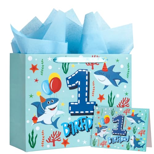 WRAPAHOLIC 13" 1st Birthday Gift Bags with Tissue Paper and Card - Blue Ocean Shark Bags for Kids Boys Girls Birthday Party Baby Shower Supplies