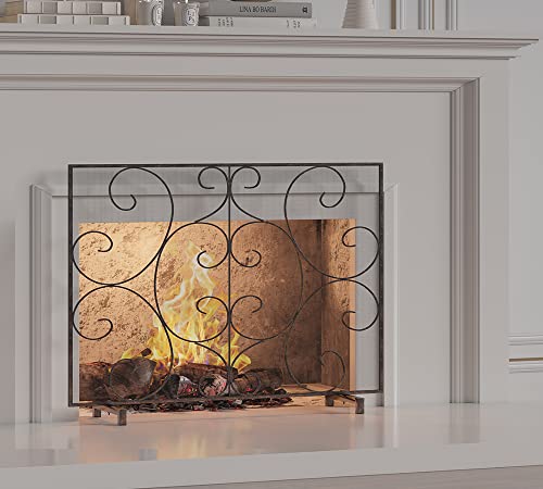 Kingson Single Panel Fireplace Screen Cover Handcrafted Solid Wrought Iron Mesh, Heat-Resistant Fire Spark Guard For Inside Fireplace-Brushed Copper #TOP2
