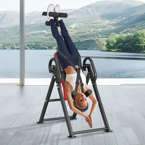 VEVOR Inversionstisch, Inversionsbank, 136 kg belastbar, Multifunktionsgerät Rückentrainer, klappbares Krafttrainingsgerät mit Kopfstütze, Knöchelverriegelung, verstellbarem Schutzgurt, Rot + Schwarz