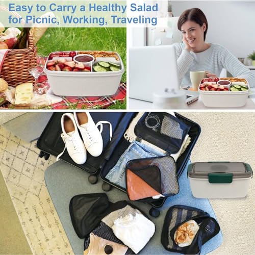 Freshmage Large Salad Container for Lunch, 2 Packs 68oz Salad Bowls with 5 Compartments, Salad Dressings Container for Salad Toppings, Snacks, Men, Women (Wheat straw white) by Freshmage - Image 7