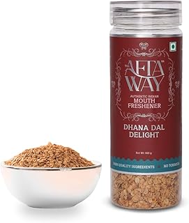 The AftaWay Dhana Dal Delight 5.64 oz, Traditional Mukhwas/Indian Mouth Freshener with Rock Salt Kissed Double Roasted Coriander Seeds, Breath Freshener, Sugar Free, Gluten-Free, Vegan, Non-GMO